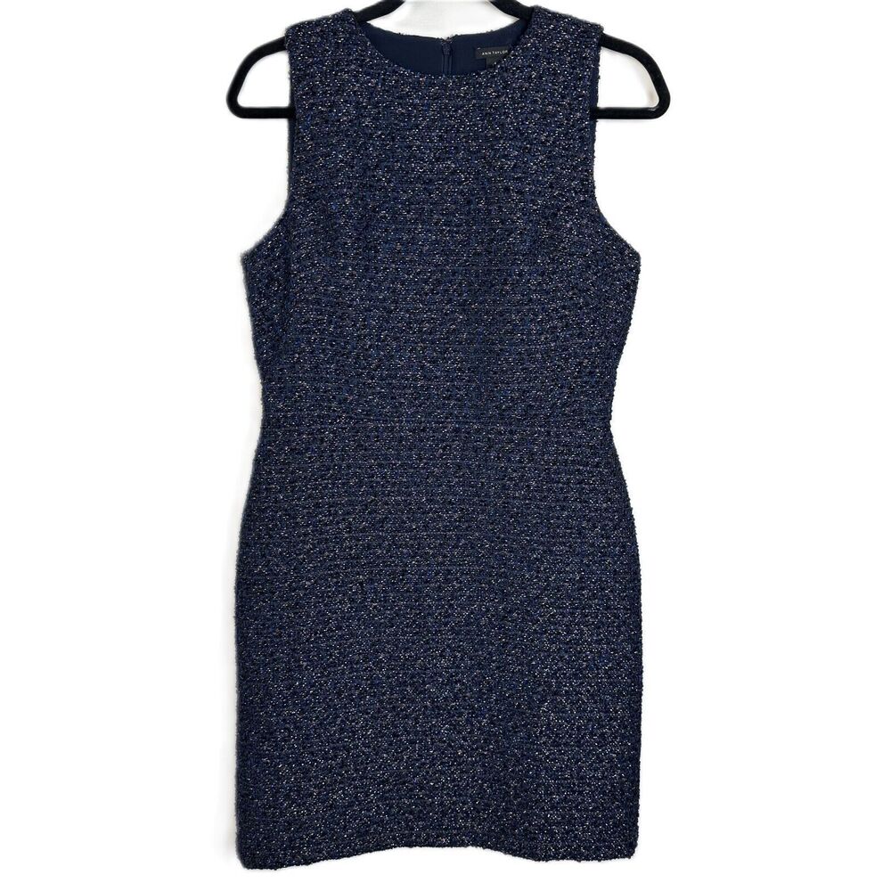 Ann Taylor Tweed Sheath Dress  Size 4 Chic Audrey Hepburn Style Dark Purple Blue